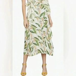 BCBGMAXAZRIA TROPICAL-PRINT ASYMMETRICAL MIDI SKIRT IN MULTI BIRD PRINT Sz M
